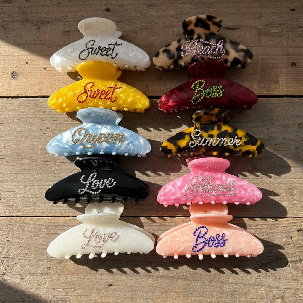 Grampos de garra de cabelo de acetato de strass coloridos de personalidade com logotipo personalizado para mulheres e meninas