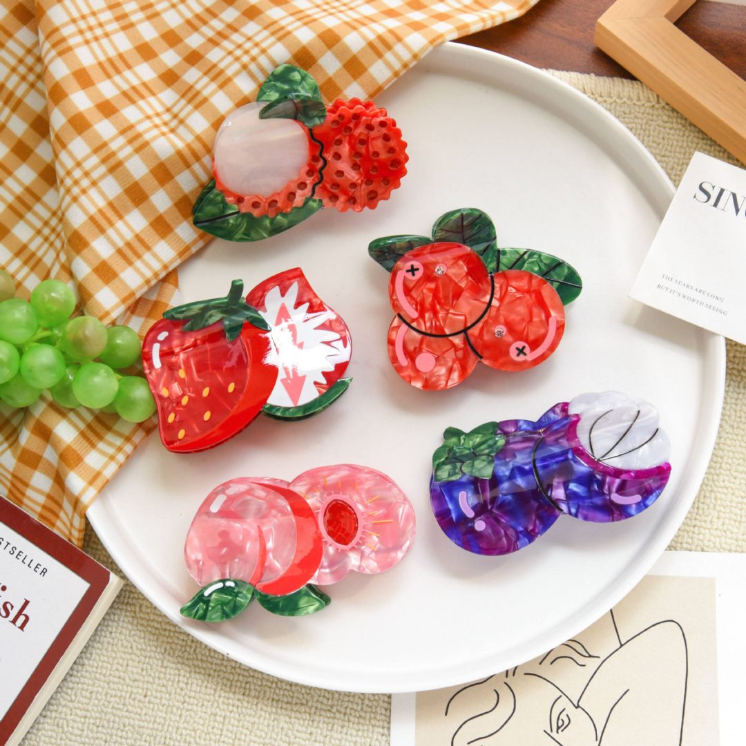 Moda nova doce lichia eco-amigável logotipo personalizado multi-frutas 10cm acetato grampos de garra de cabelo para meninas acessórios